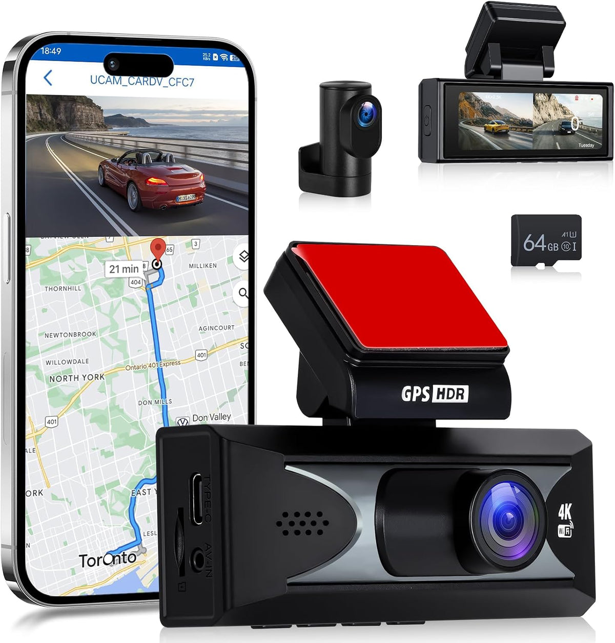 4K Dash Cam Front and Rear 64GB Card Included with Dual Band WiFi, GPS, 64GB Card, 3.16'' Dash Camera, G-Sensor, 24 Hours Parking Monitor, Loop Recording, Night Vision, ADAS