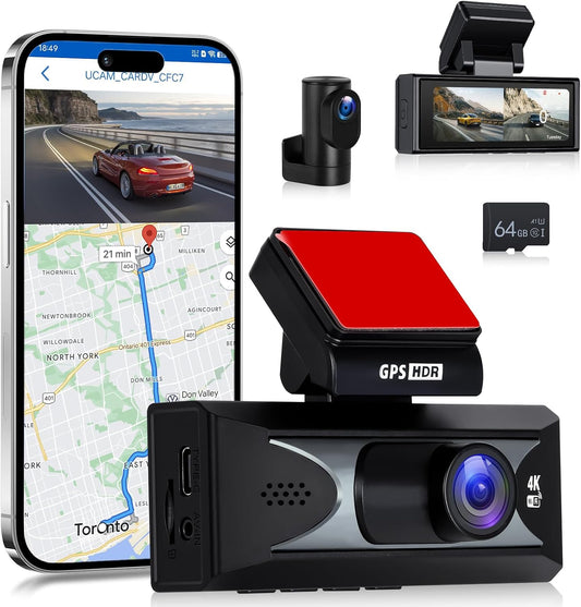 4K Dash Cam Front and Rear 64GB Card Included with Dual Band WiFi, GPS, 64GB Card, 3.16'' Dash Camera, G-Sensor, 24 Hours Parking Monitor, Loop Recording, Night Vision, ADAS