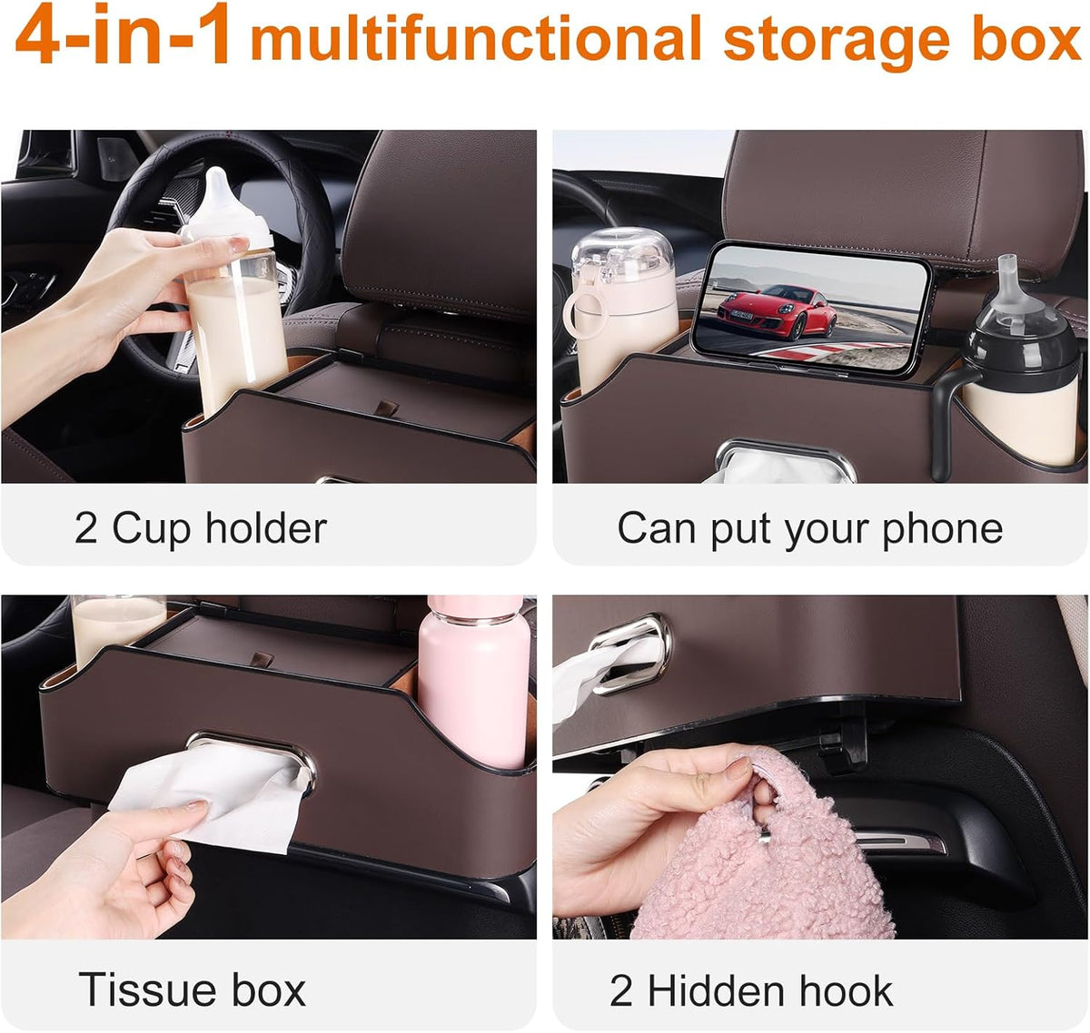 Car Seat Back Cup Holder, 4-in-1 Multifunctional Backseat Organizer with Tissue Box Storage & Hooks (Brown)