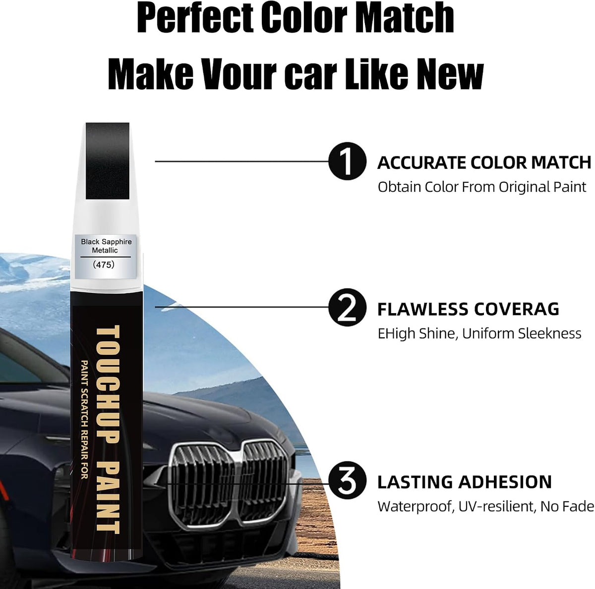 Black Sapphire Metallic(475) Car Paint Touch Up Pen Compatible with BMW, 2-In-1 Color Accurate Touch Up Car Scratch Repair Paint Match BMW Series Automotive Scratch Remover for Nicks & Chips Repair