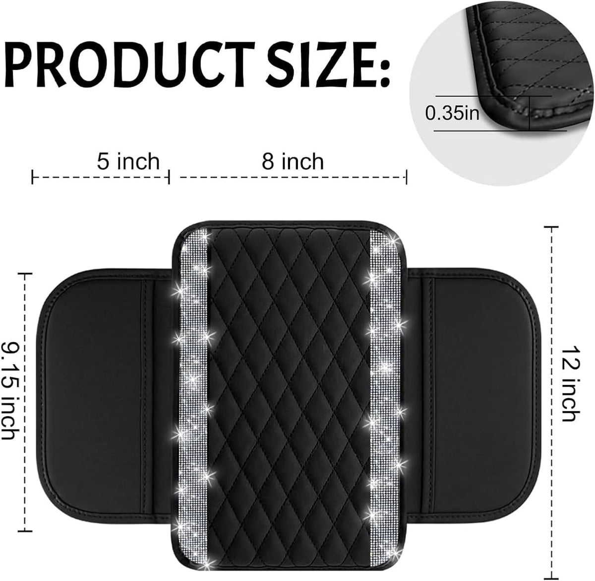 NBTEPEM Bling Car Center Console Cover, Leather Car Arm Rest Cover Cushion with 2 Storage Bags, Universal Auto Armrest Protector Storage Box, Bling Accessories Interior for Most Vehicles (Silver)