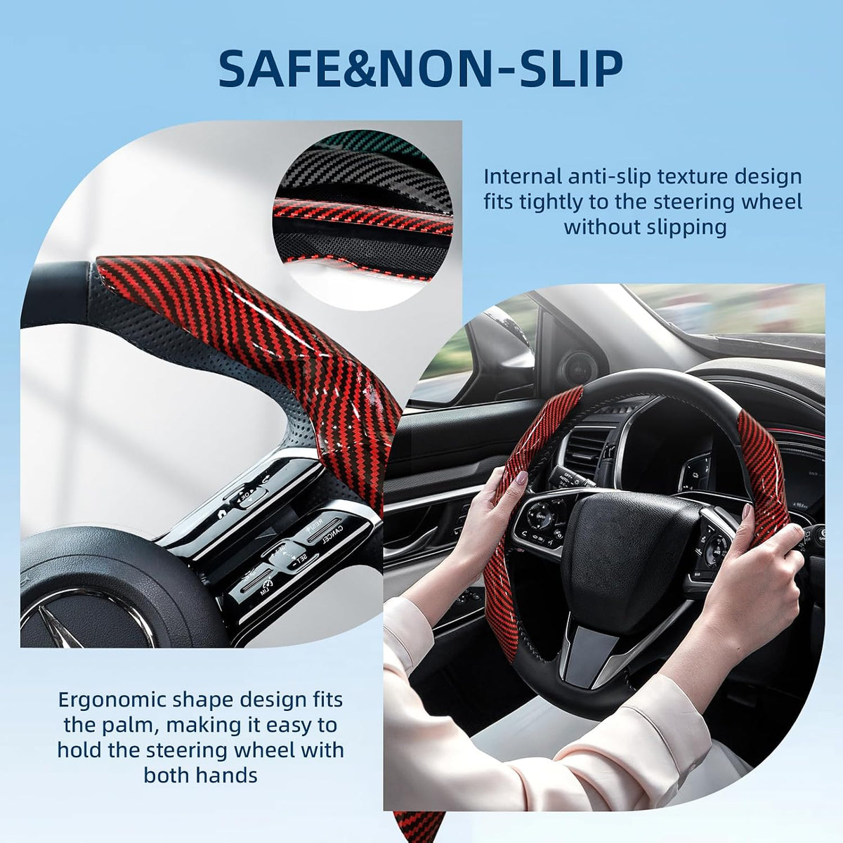 Carbon Fiber Steering Wheel Cover 2PCS Segmented Clip-on Protector (Red)