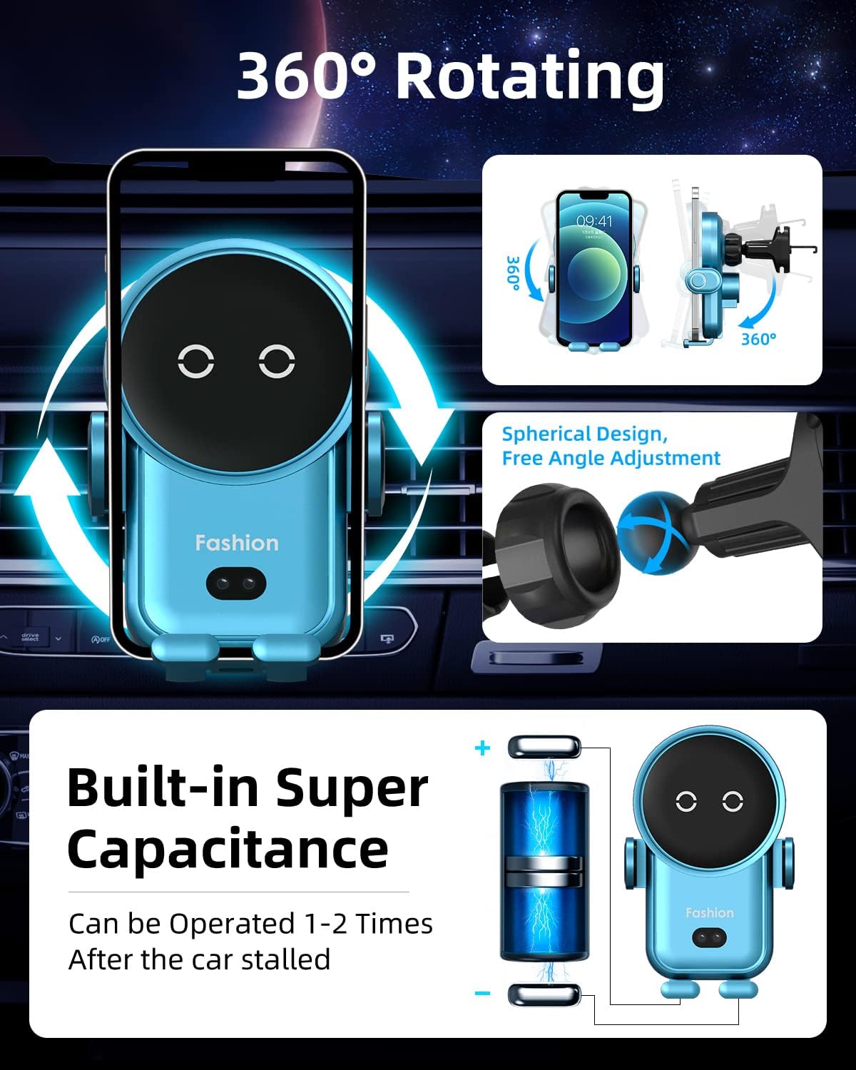 Bilious Wireless Car Charger, Phone Mount for Car Wireless Charger Smart Sensor Air Vent, Robot Automatic Clamping Phone Holder Compatible with iPhone 15/14/13/12/11/X, Samsung S22/S21/S20/N20（Blue）