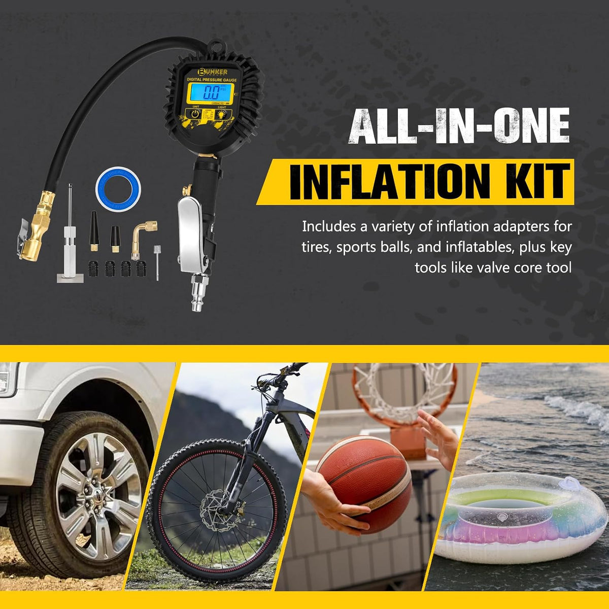 BUNKER INDUST Digital Tire Inflator with Pressure Gauge, Heavy Duty Air Chuck and Compressor Accessories with Built-in Top Light and Quick Connect Coupler, 0-250 PSI