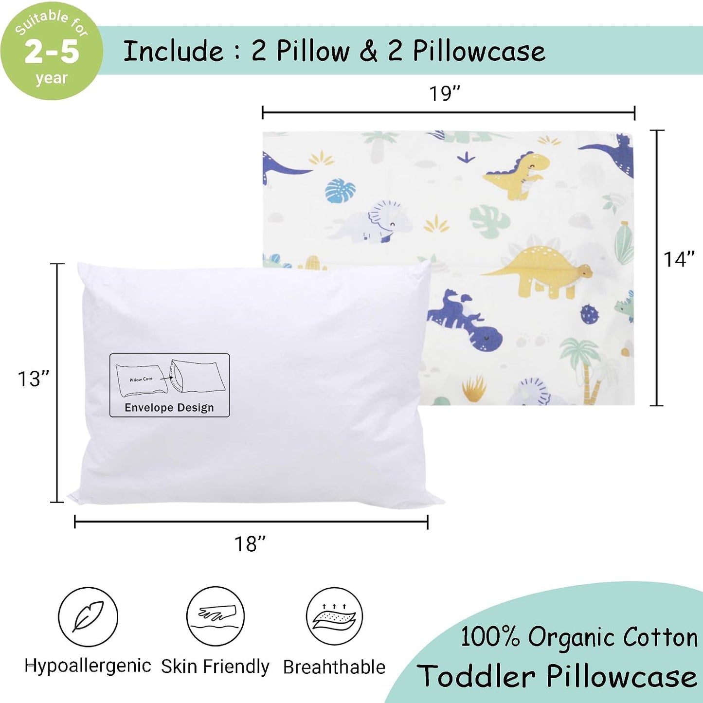 ZPECC Toddler Pillow with Pillowcase 2 Pack - 13x18 Organic Cotton Small Kids Pillow, Soft Breathable Bed Pillows for Sleeping Travel School Nap (Intended for Age 2 and up) Dinosaur