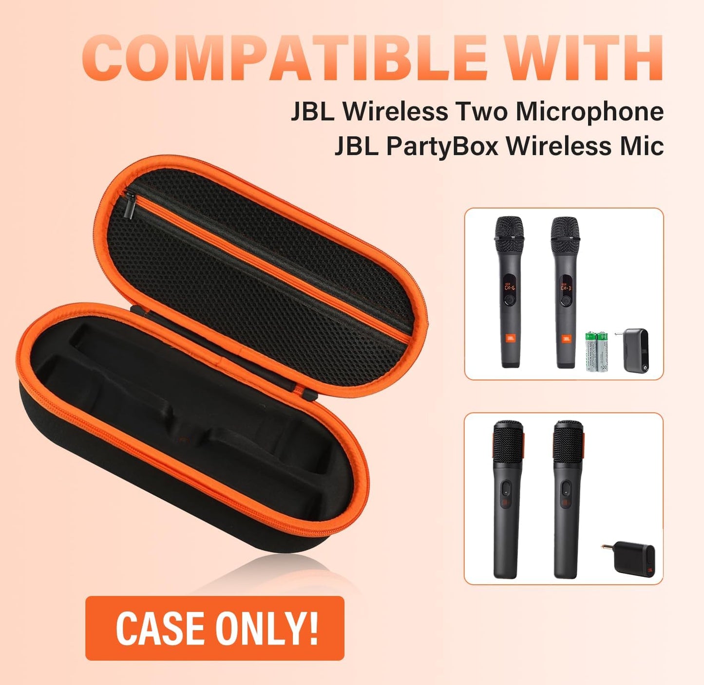 Wireless Microphone Case Compatible with JBL Wireless 2 Microphone System, Handheld Dual Mic Carrying Case, Travel Bag for Receiver, Batteries and Adapter, Karaoke - Orange (Box Only)