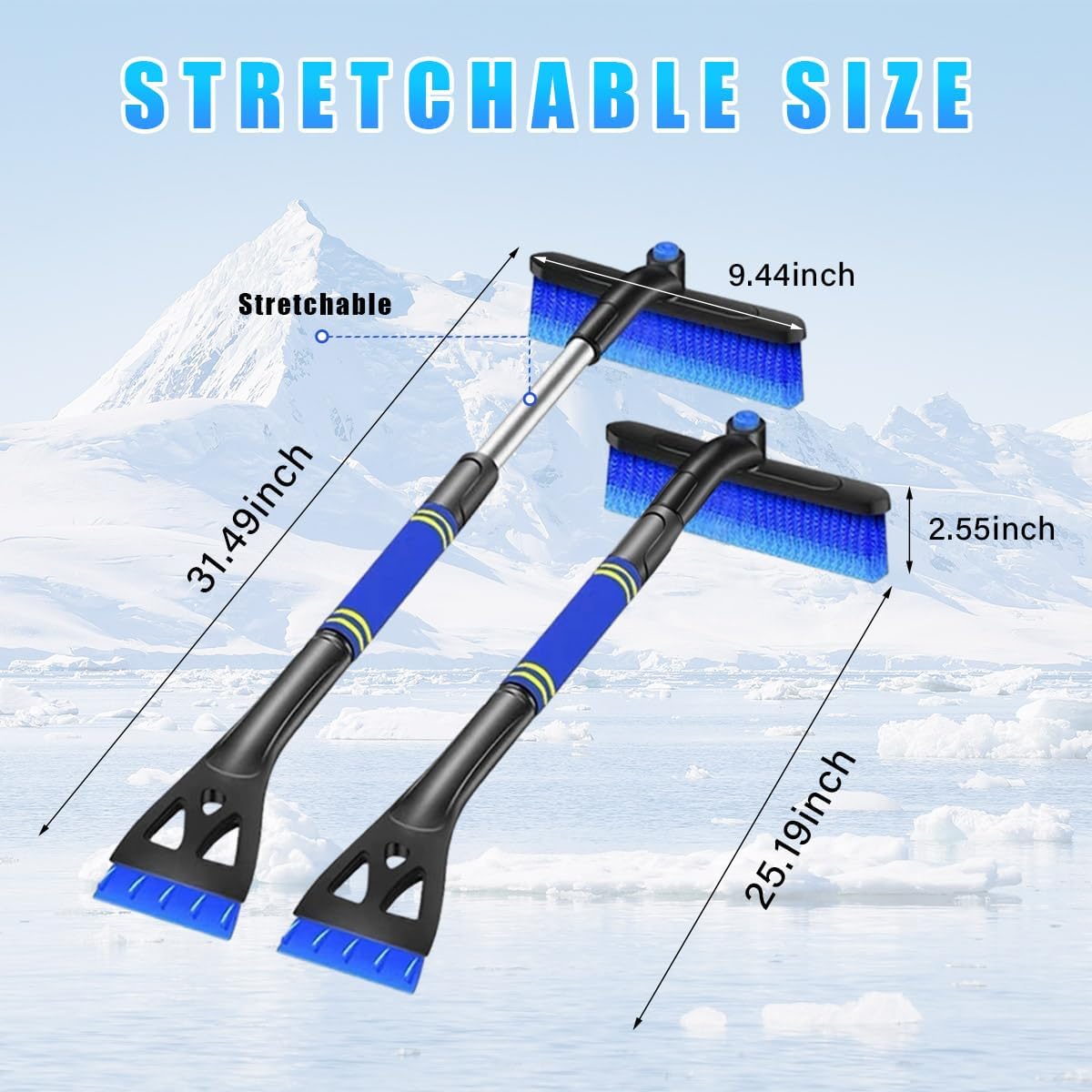 Ohleats 31.5" Ice Scraper and Extendable Snow Brush, 360° Pivoting Snow Brush Head with Foam Grip, Detachable Ice Scraper with Soft Bristle Head for Car Truck SUV Window Windshield (Blue)