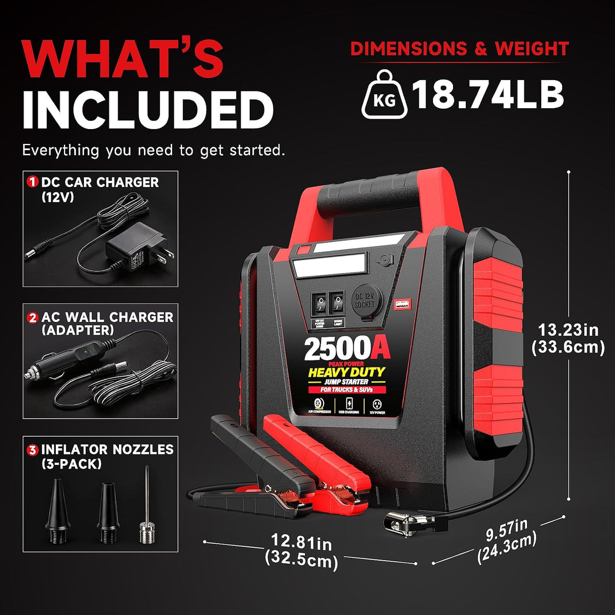2500A Peak Car Jump Starter with 150PSI Air Compressor, 12V Battery Jump Box for Car, Truck, SUV (Up to 8.0L Gas/Diesel Engines), 20000mAh Portable Power Pack with DC/USB, 500LM Work Light