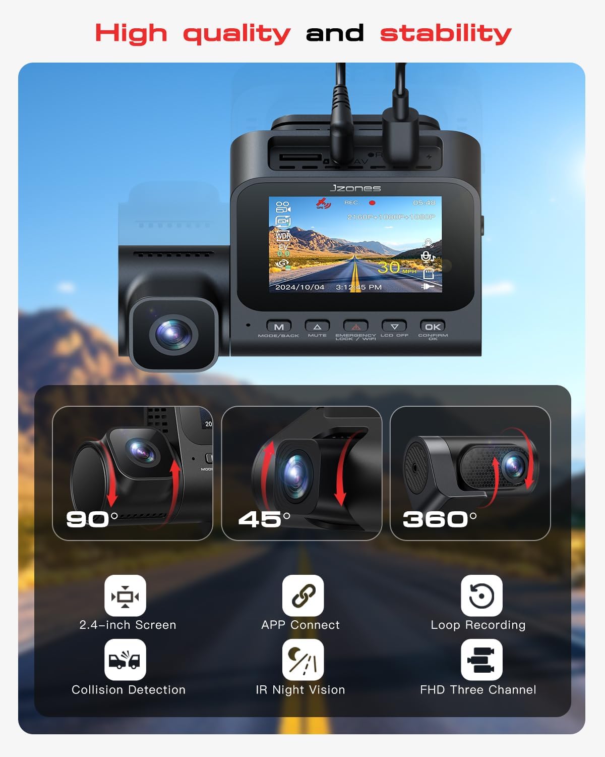 Jzones 4K 3-Channel Dash Cam Front and Rear with Cabin, STARVIS 2 Sensor, Dash Camera for Cars with WiFi 6, G-Sensor, Loop Recording, Night Vision, 24H Parking Mode, 64GB Card Included