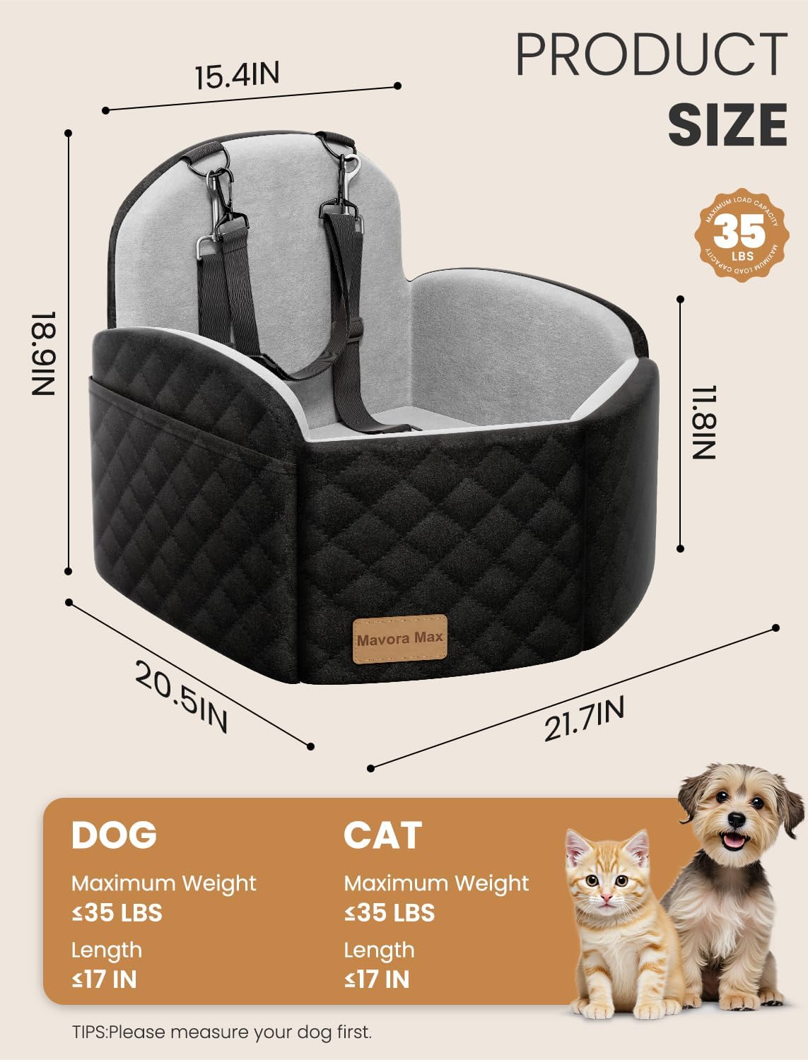 Dog Car Seat for Small/Medium Dogs, Memory Foam Puppy Car Seat Elevated Dog Booster Seat Up to 35 lbs, Fully Detachable Washable, Travel Safety Pet Seat with Storage Pockets (Black/Grey)