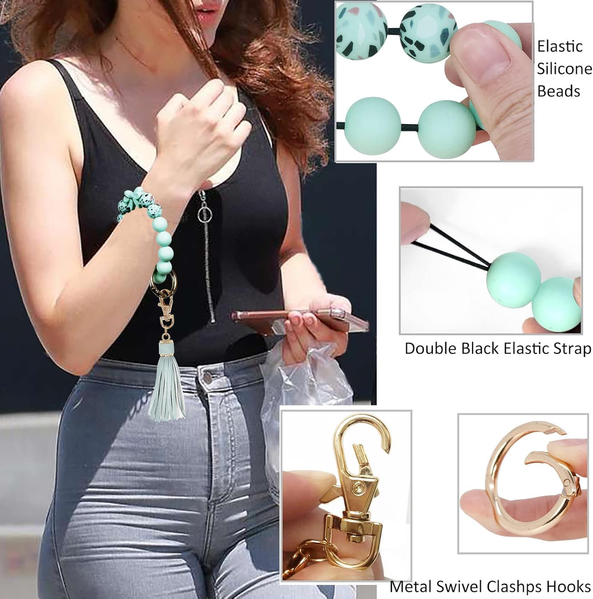 BIHRTC Silicone Key Ring Bracelets Wristlet Keychain Wallet with Net Chapstick Holder for Women