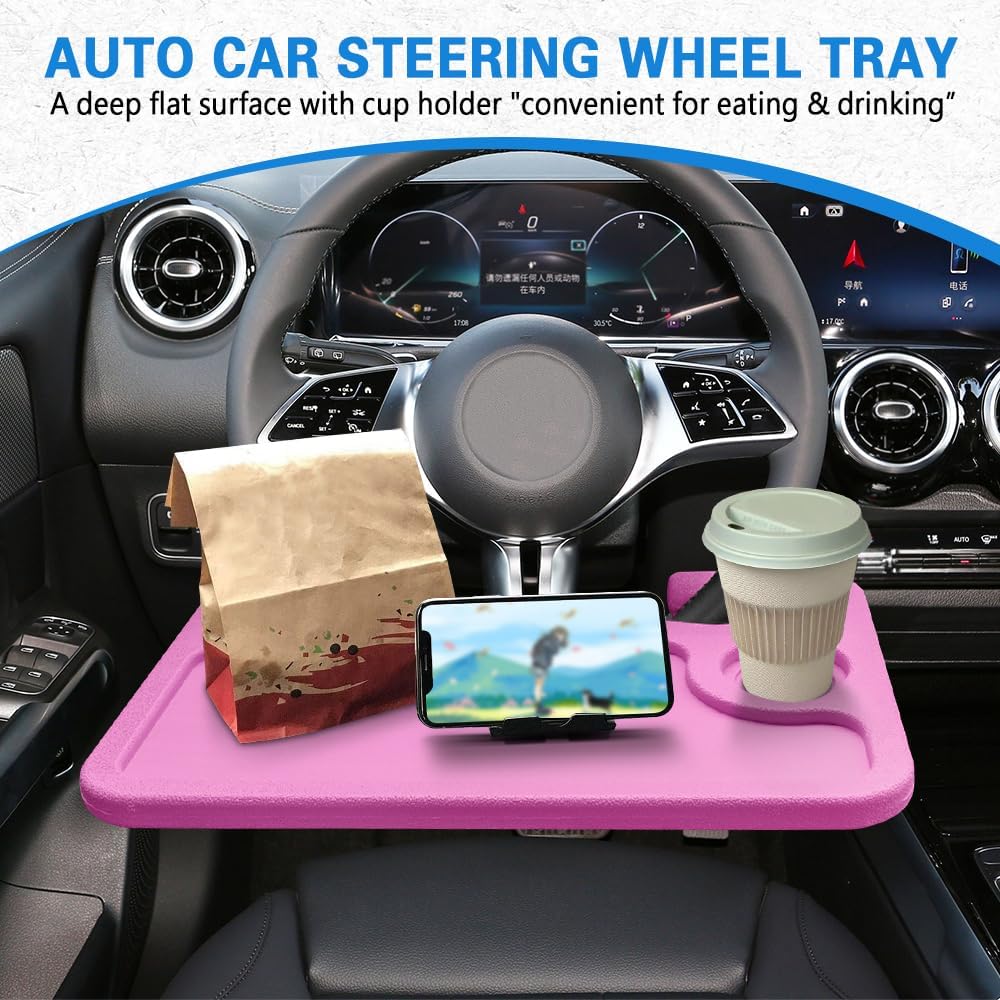 Car Steering Wheel Desk, Steering Wheel Tray, Computer Office Car Table Tray, Travel Car Accessories Multipurpose Auto Travel Table with Food Hook and Eating Tray for Most Vehicles (Pink)