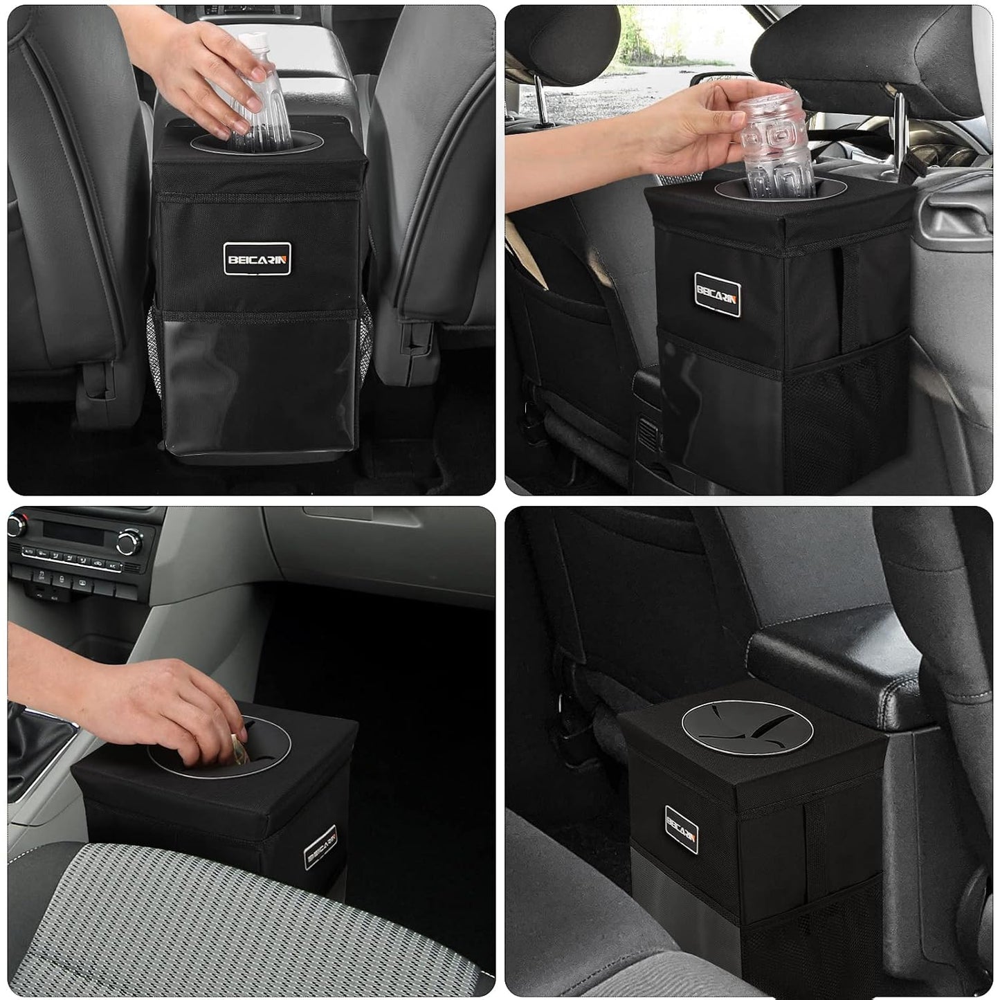 Car Trash Can with Lid - Trash Bag Hanging with Storage Pockets Leak-Proof SUV Organizer Collapsible and Portable Waterproof Truck Garbage Bin, 2.6 Gal Large Capacity Multipurpose Trash Bin for Van