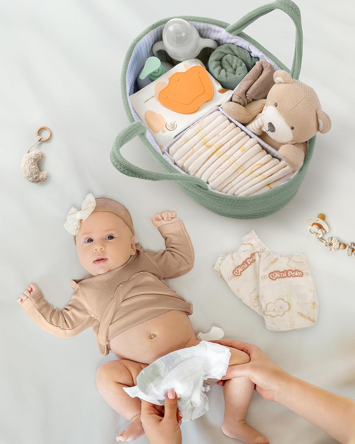 Maliton Diaper Caddy Organizer for Baby, Portable Diaper Storage Organizer for Changing Table and Car, Cotton Rope Nursery Storage Bin Basket for Baby Shower, Newborn Essentials Must Haves - Green