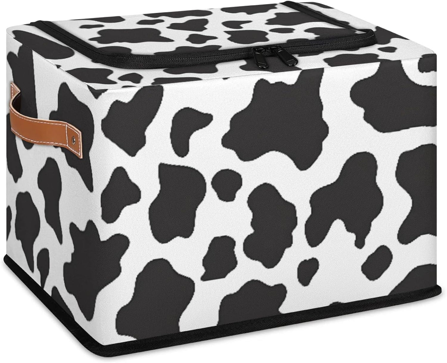 Cow Print Pattern Storage Bins With Zipper Lid, Collapsible Trunk Organizer, Car Organizers and Storage Bins with Lids, Decorative Storage Boxes with Handle, Home Storage Baskets for Organizing