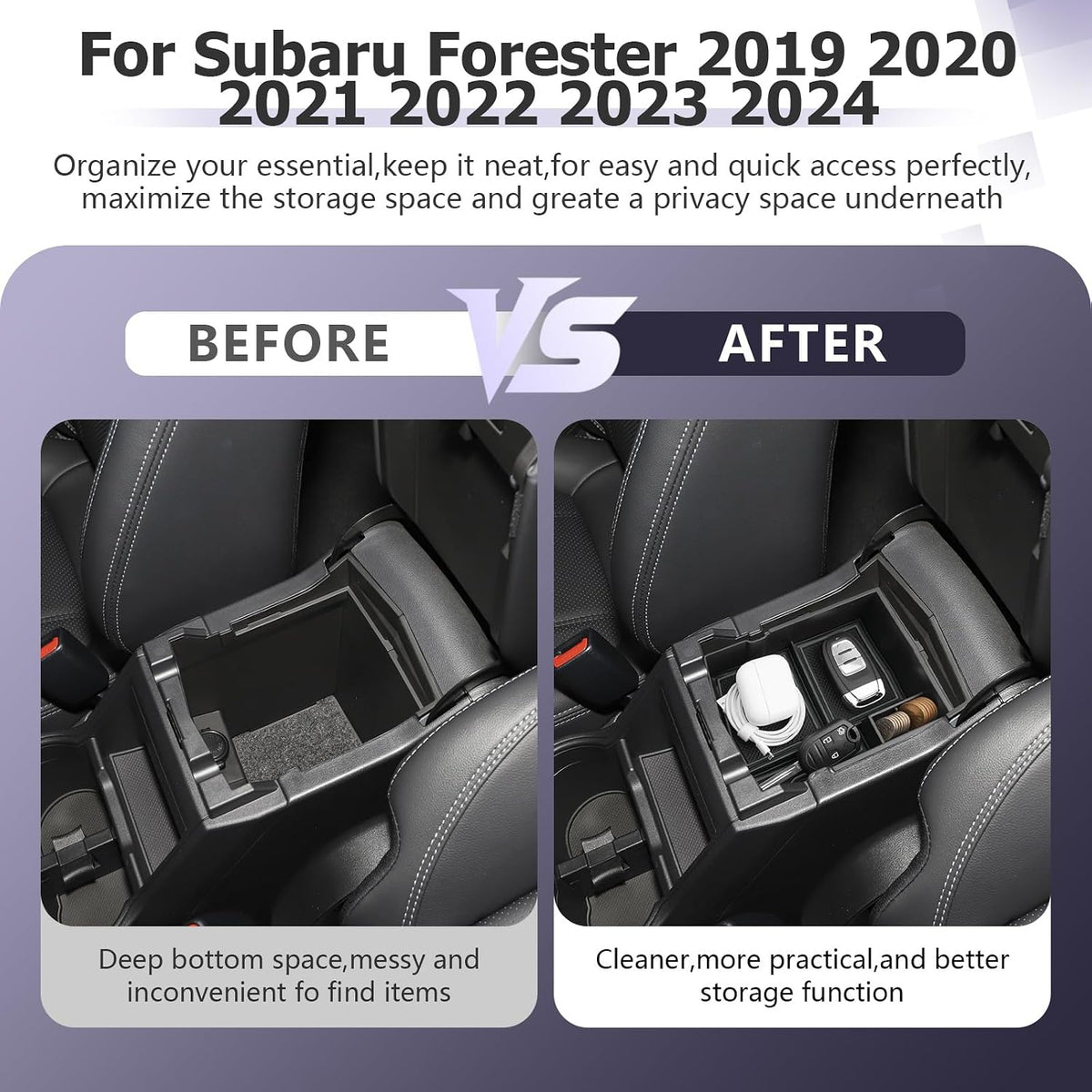 LUWU Center Console Organizer Compatible with 2019 2020 2021 2022 2023 2024 Subaru Forester Accessories Armrest Console Secondary Storage Box Insert Tray ABS Material Black