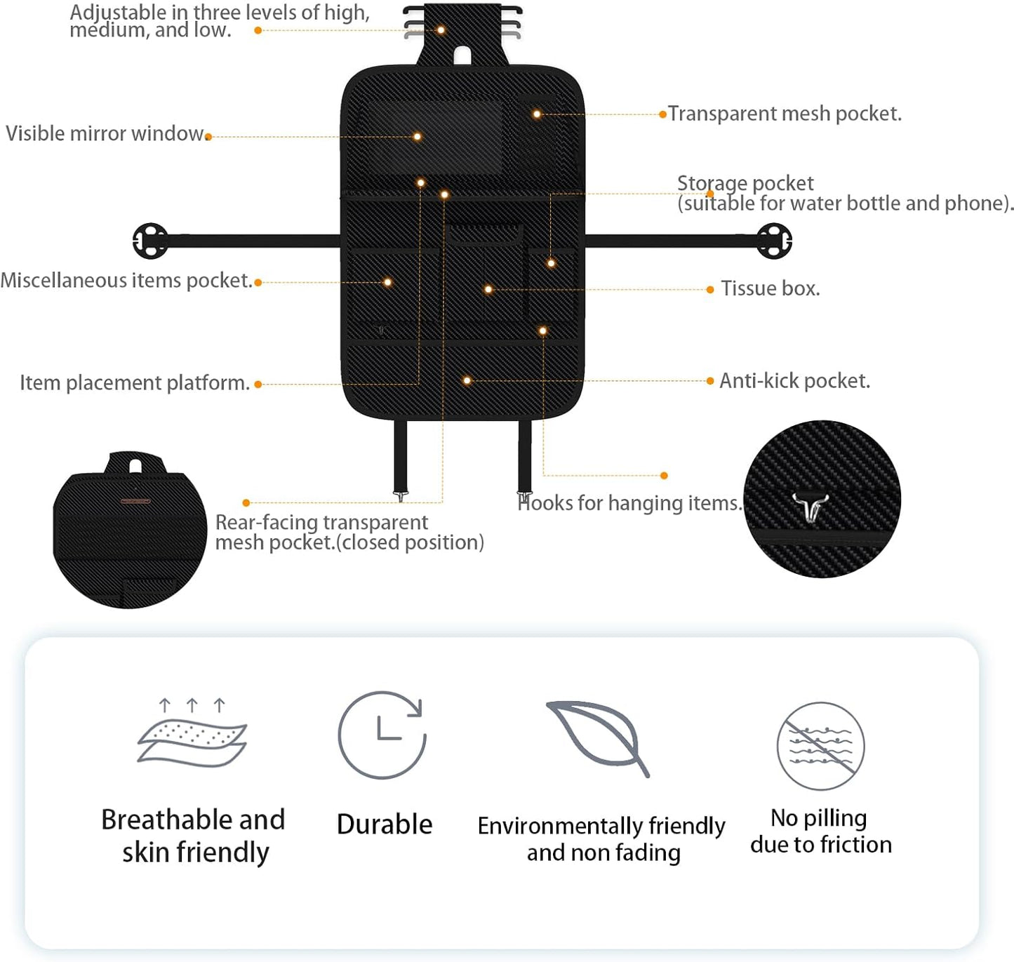 GMQ Back Seat Car Organizer 1 Pack,Backseat Organizer with Tray,Multifunctional Car Seat Back Storage Box with Foldable Tablet Holder (Carbon Black, Weave)