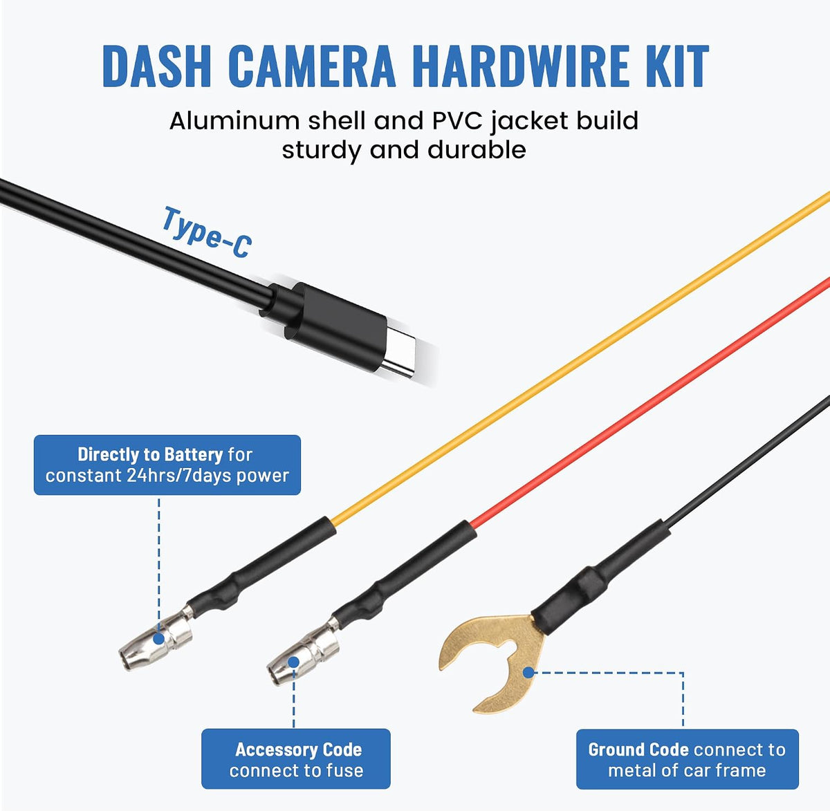 EWAY Type-C USB C Port Dash Cam Hardwire Kit, 3-Lead Acc Hard Wire Kit for Dash Camera 24H Parking Monitor, Low Voltage Protection 12V- 24V to 5V w/Fuses Dashboard Camera Power Supply Cord 11.5ft