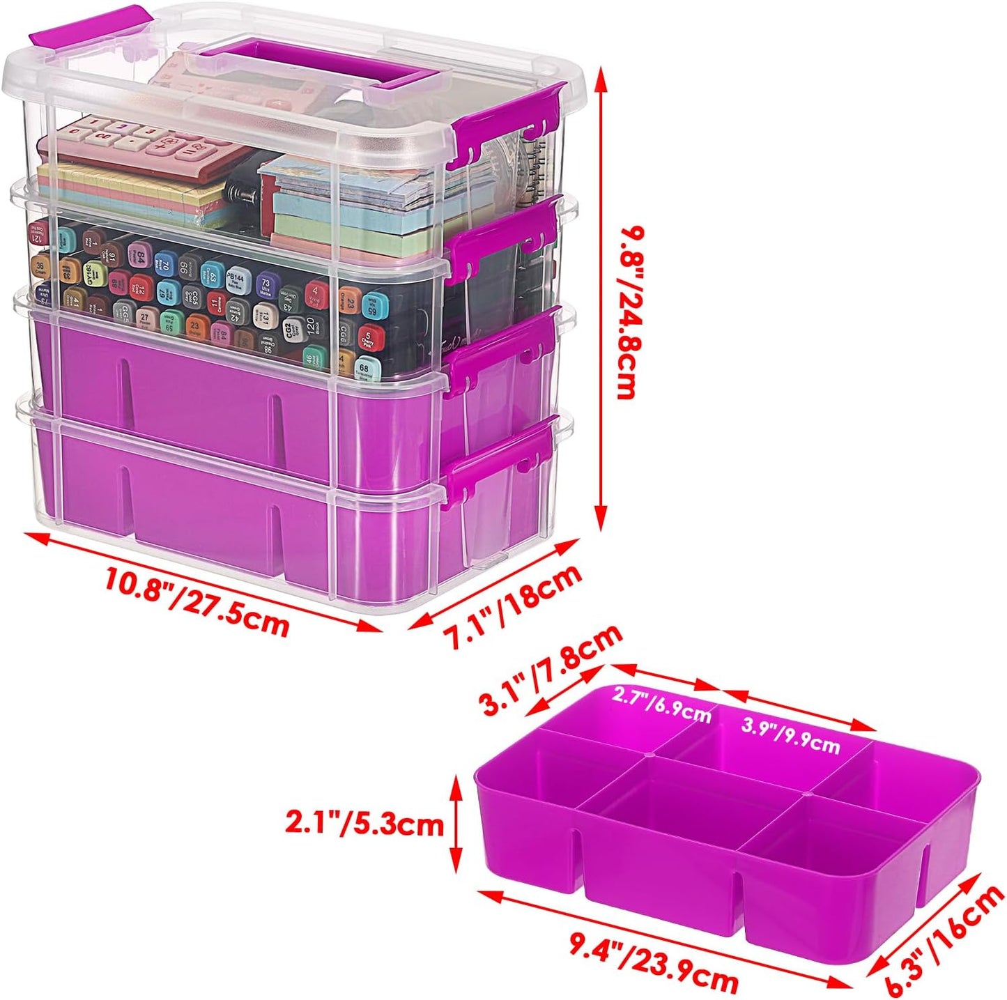 JUXYES 4-Tiers Stack Carry Storage Box Clear Storage Bin Container, Purple | 2 Divided Tray, Transparent Stackable, Handle Lid Latching, School & Office Supplies
