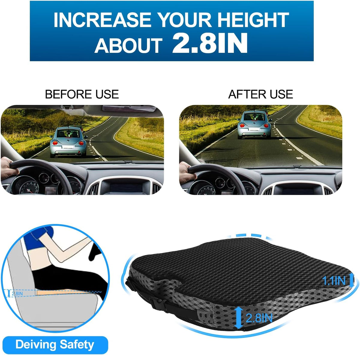 Hapiclody Car Seat Cushion for Driving,Premium Memory Foam Car Cushion for Better Visibility, Non-Slip Hip & Lower Back Tailbone Cushion, Car Seat Cushion Driver Booster for Short People, Truck(Black