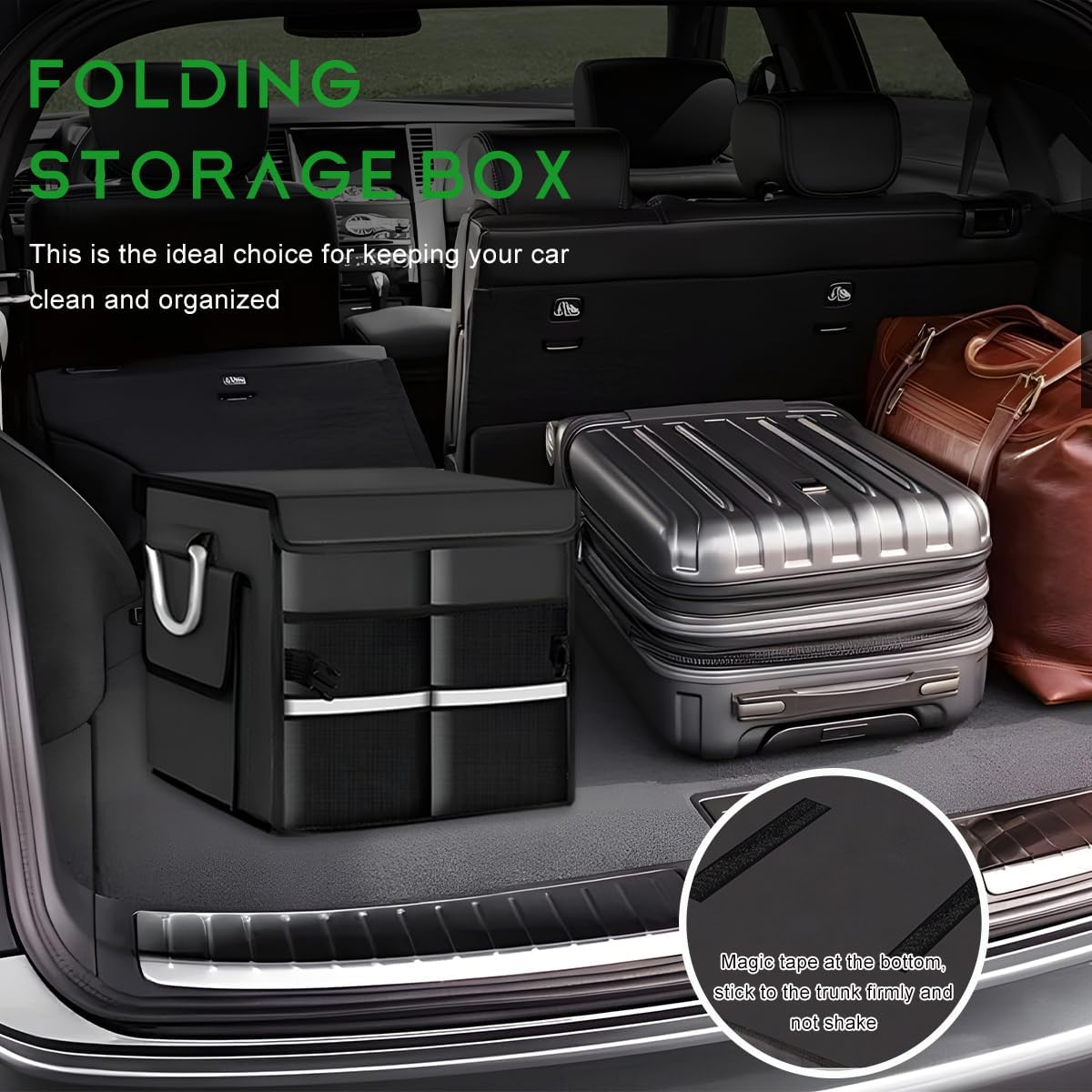 Trunk Organizer with Lid, 28L Collapsible 2-Compartment Car Storage Box with Reinforced Handles, Multipurpose Waterproof Oxford Storage Organizer for SUVs Sedans Trucks (Black)