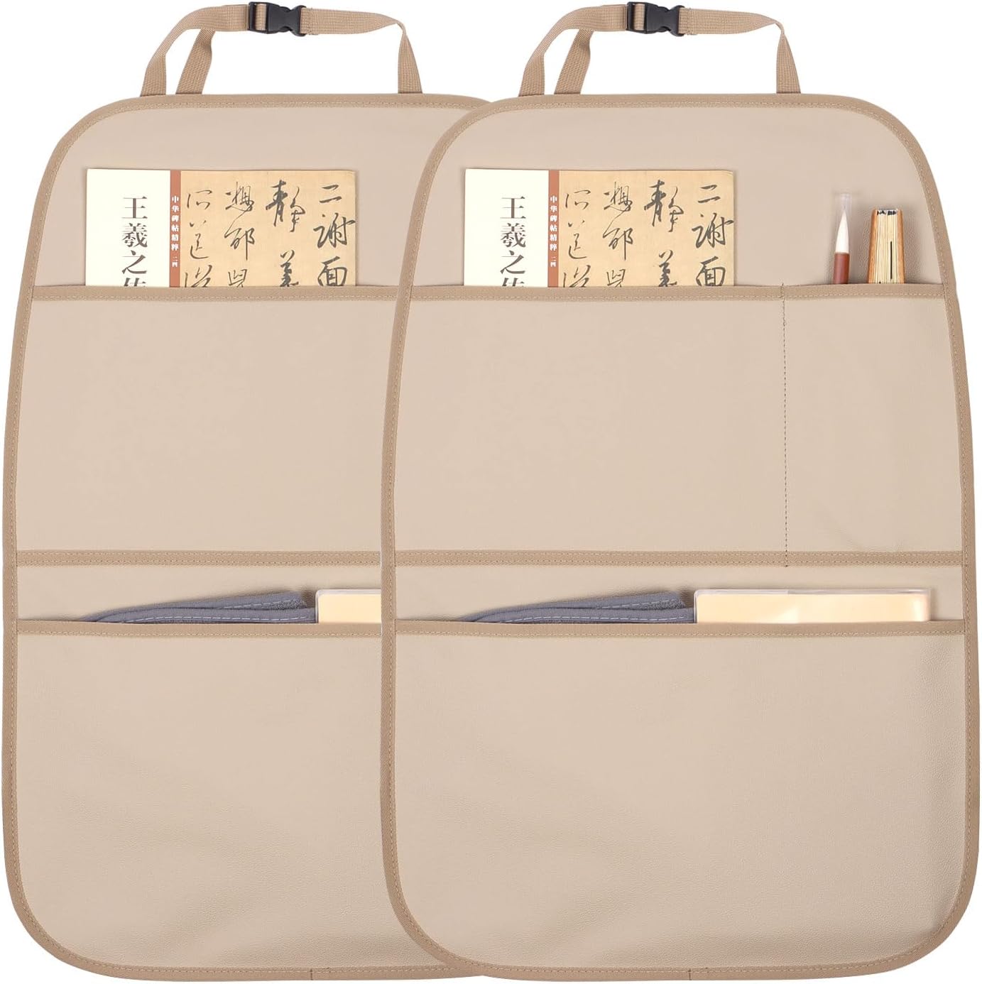 Kick Mat Back Seat Protector Waterproof Leather Car Seat Back Organizers Cover with 3 Storage Pockets for Kids Pets SUV Sedan Minivan Truck Car Travel Accessories (Beige 2-Pack)
