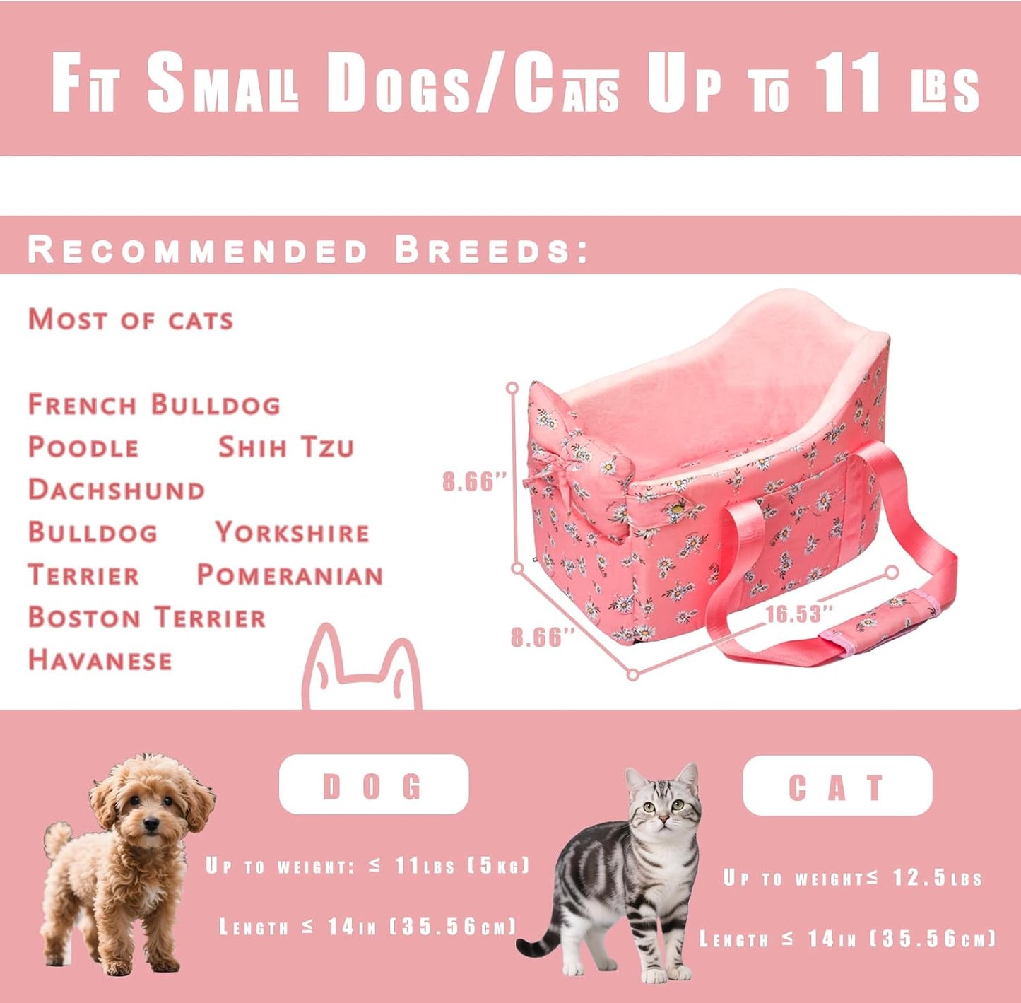 Console Dog Car Seat - Portable Dogs Armrest Booster Seat for Small Dog, Anti-Collapse Pet Car Seat with Soft Cushion Safety Belt, Support Pet Up to 11lbs (Pink Daisy)