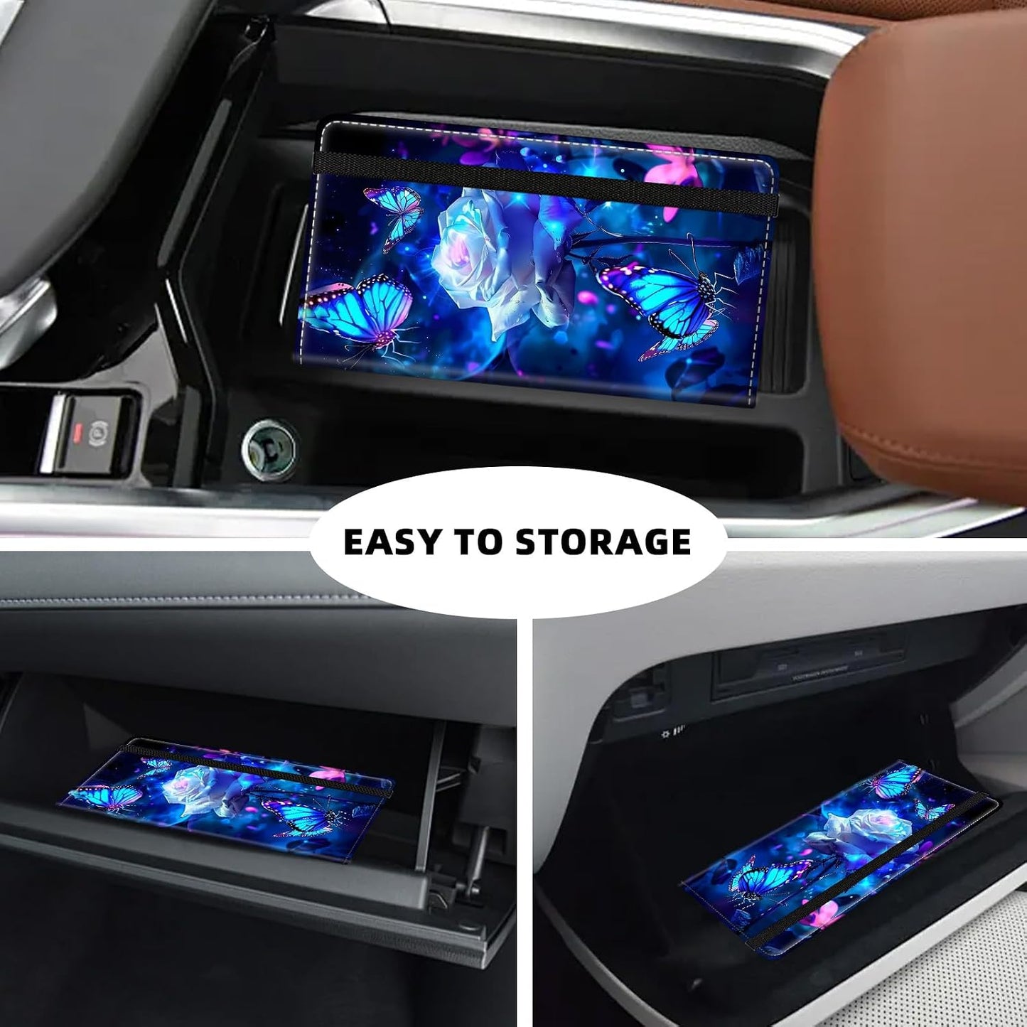 Car Registration and Insurance Card Holder, Trunk Document Holder Organizer, Essential Vehicle Glove Box Organizer Leather Wallet for Driver, Purple Roses Butterflies