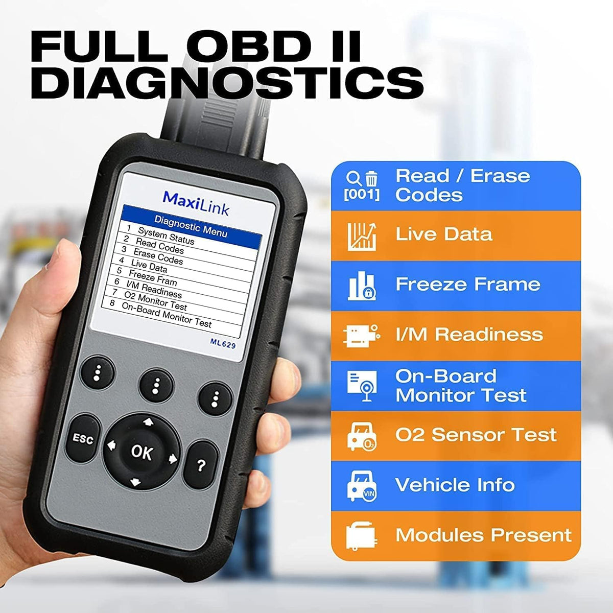 Autel OBD2 Scanner ML629, ABS SRS Engine Transmission OBD2 Diagnostic Scan Tool, Mechanic Full OBDII Code Reader w/DTC Lookup AutoVIN, OBD2 Live Data, Up of ML619/AL619/AL549/AL519/ML519