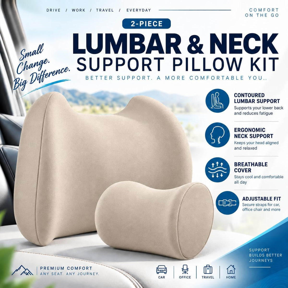 Lumbar & Neck Support Pillow Kit - Beige - Back & Neck Support Pillow for Car & Office Chair - Memory Foam Pillow - Ergonomic Pillow for Neck & Back Pain Relief