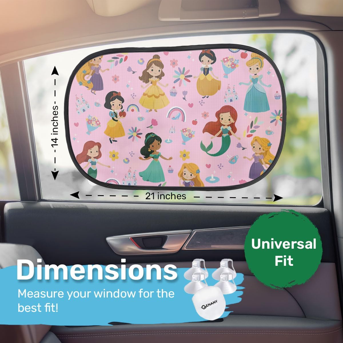 GENANY Lovely Princess Car Side Window Sun Shades 2 Piece 21 x 14 Inch
