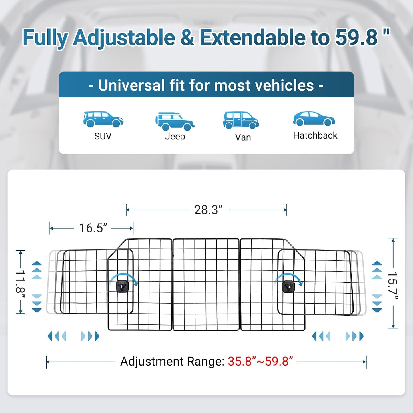 rabbitgoo Dog Car Barrier for SUVs, Adjustable Large Pet Gate, Universal-Fit Divider Cargo Net, Heavy-Duty Wire Mesh Dog Barrier SUV, Van Vehicles Subaru Car Accessories Safety Travel, Triple Folding