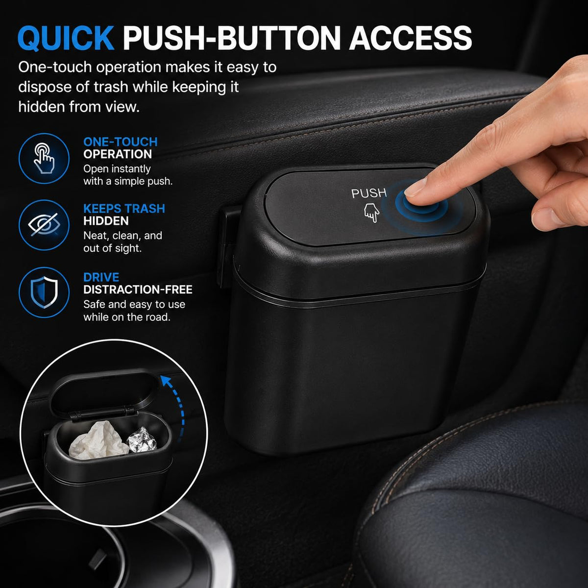 Car Trash Bin with Clip & Bags, Push Lid, Black, 1-Pack