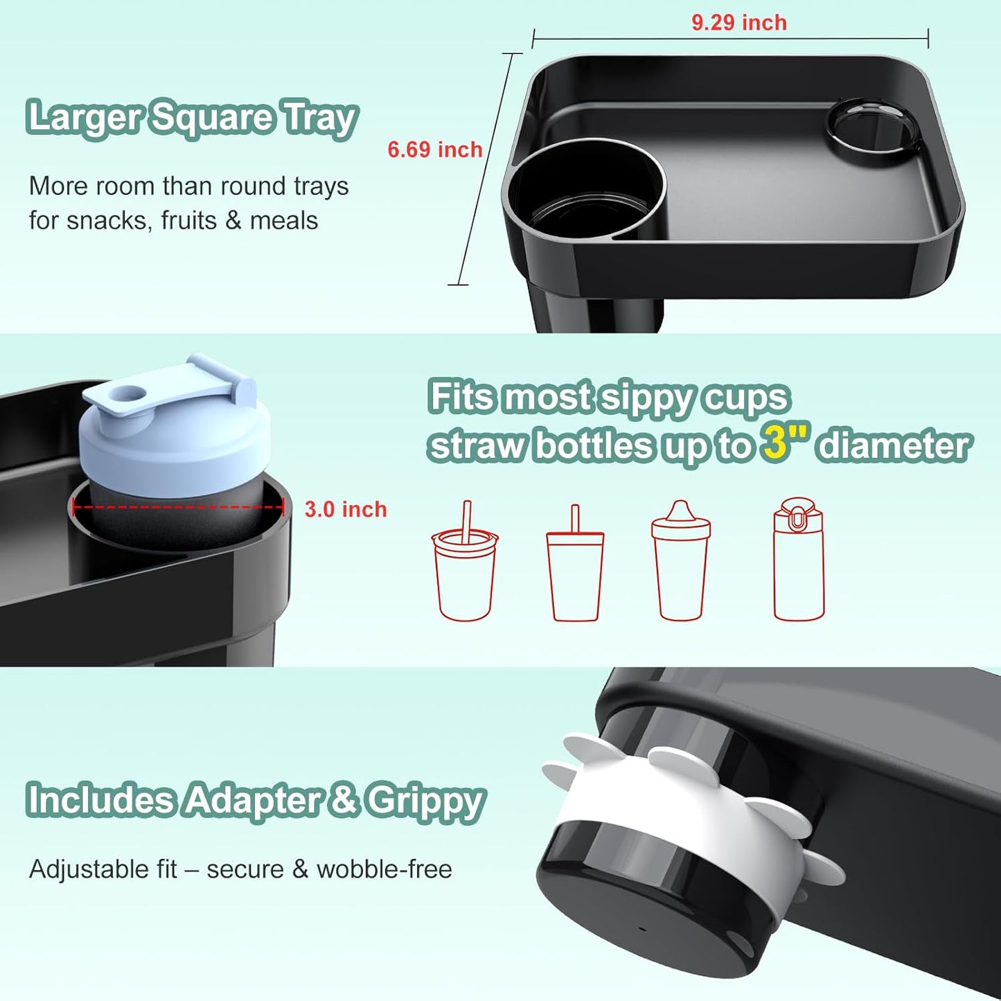 [2 Pack] Car Seat Snack Tray for Toddlers - 3 Inch Cup Holder Fits Most Sippy Cups & Straw Bottles with Dip Well, Mess-Free Square Kids Travel Tray Road Trip Essentials, Black, 2