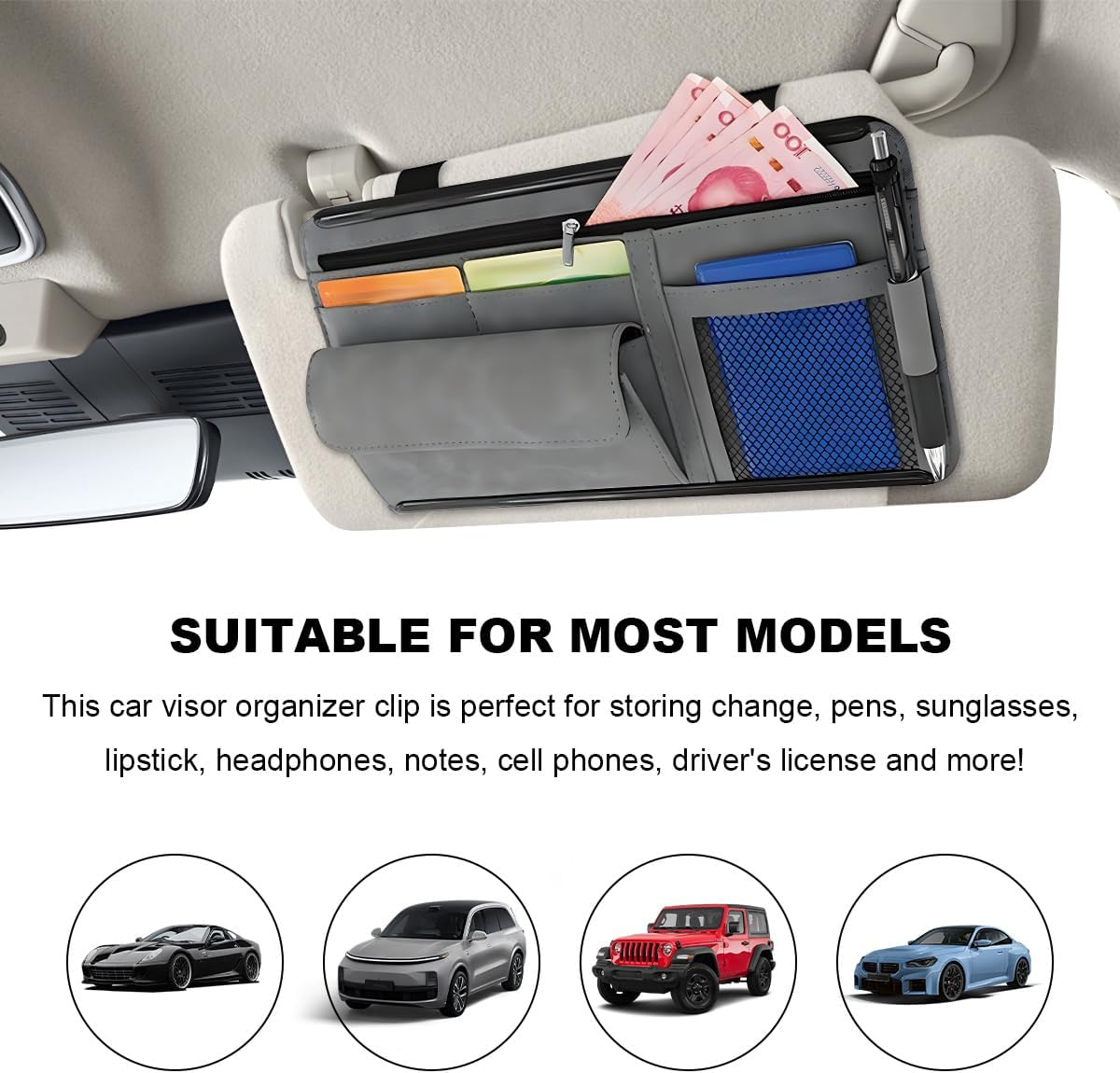 Car Sun Visor Organizer, Leather Sun Visor Pocket Organizer Case with Multi-Pocket Net Zipper, Suede Note Holder Car Visor Storage Pouch for Card Pen Sunglasses Document (Gray)