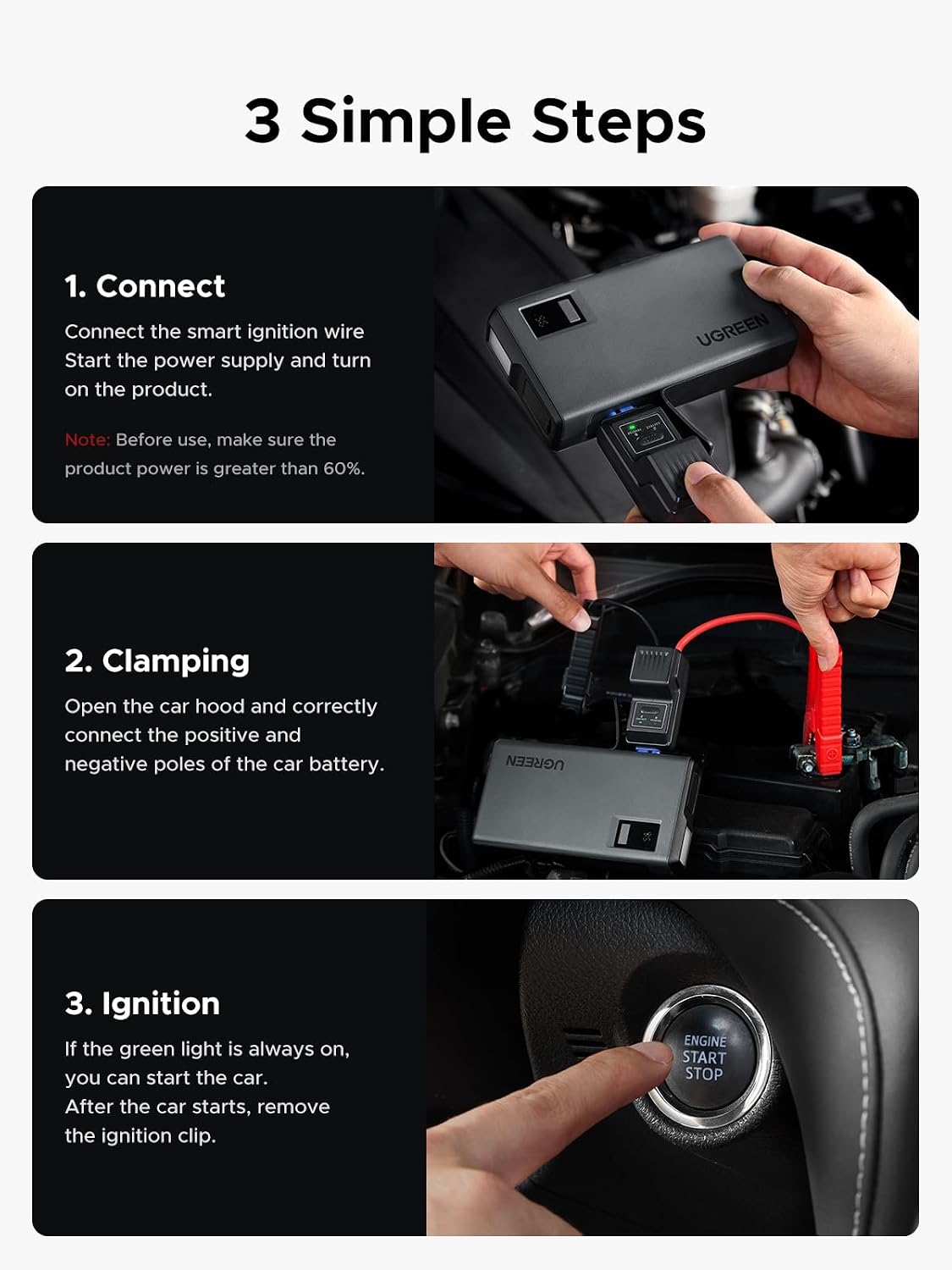 UGREEN Jump Starter Power Pack 1000A Car Battery Booster for 6.0L Gasoline and 3.5L Diesel Engines 12000mAh Car Jump Starter Power Bank with Digital Screen and LED Light for Emergency