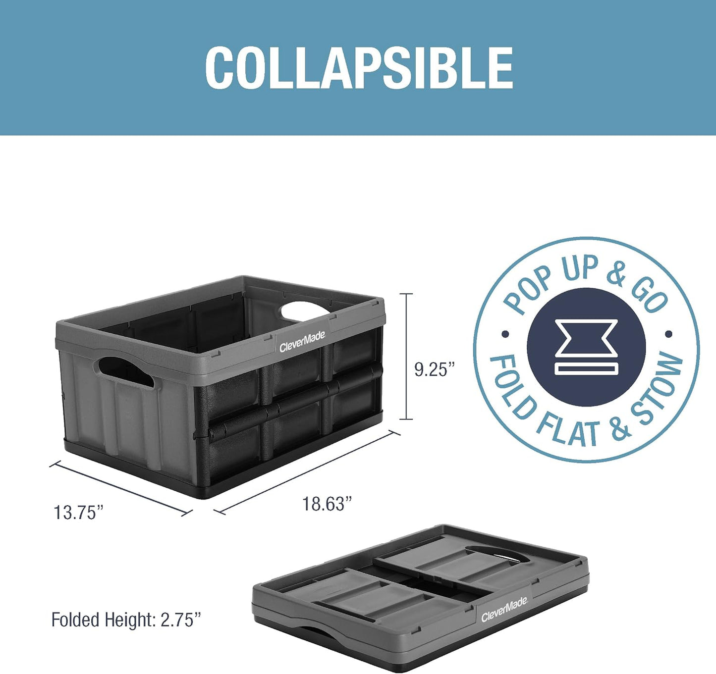 CleverMade Collapsible Storage Bins, 32L 3 Pack, Durable Plastic, Stone | Built-in handles simplify garage, car and household organization, while the roomy open-top keeps bulky supplies accessible