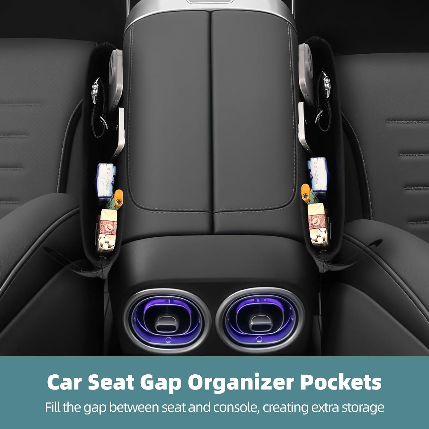 OMISTAR 2 PCS Car Seat Gap Organizers - PU Leather Car Console Side Pocket, Universal Car Seat Gap Filler Storage Box for Phone Keys Wallet Sunglasses, Car Interior Accessories Seat Catcher