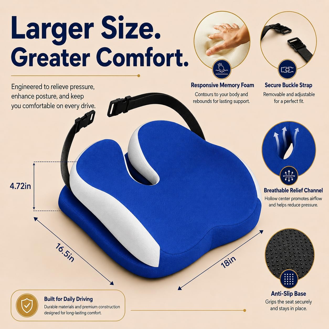 Memory Foam Seat Car Computer Desk Chair Cushion，Cushion For Tailbone Pain Relief Cushion Office Chair Butt Pillow Seat Cushions For Office Chairs Wheelchair Cushion For Long Sitting Back Pain Blue