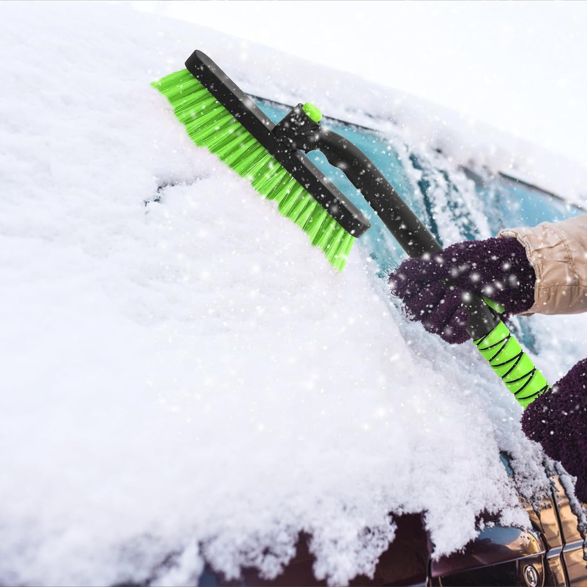 Snow Brush with Ice Scraper 33 inch, 2 in 1 Extendable Snow Removal for Cars with Foam Grip and 360° Pivoting Brush Head, Heavy Duty Snow Cleaner for Auto Truck SUV