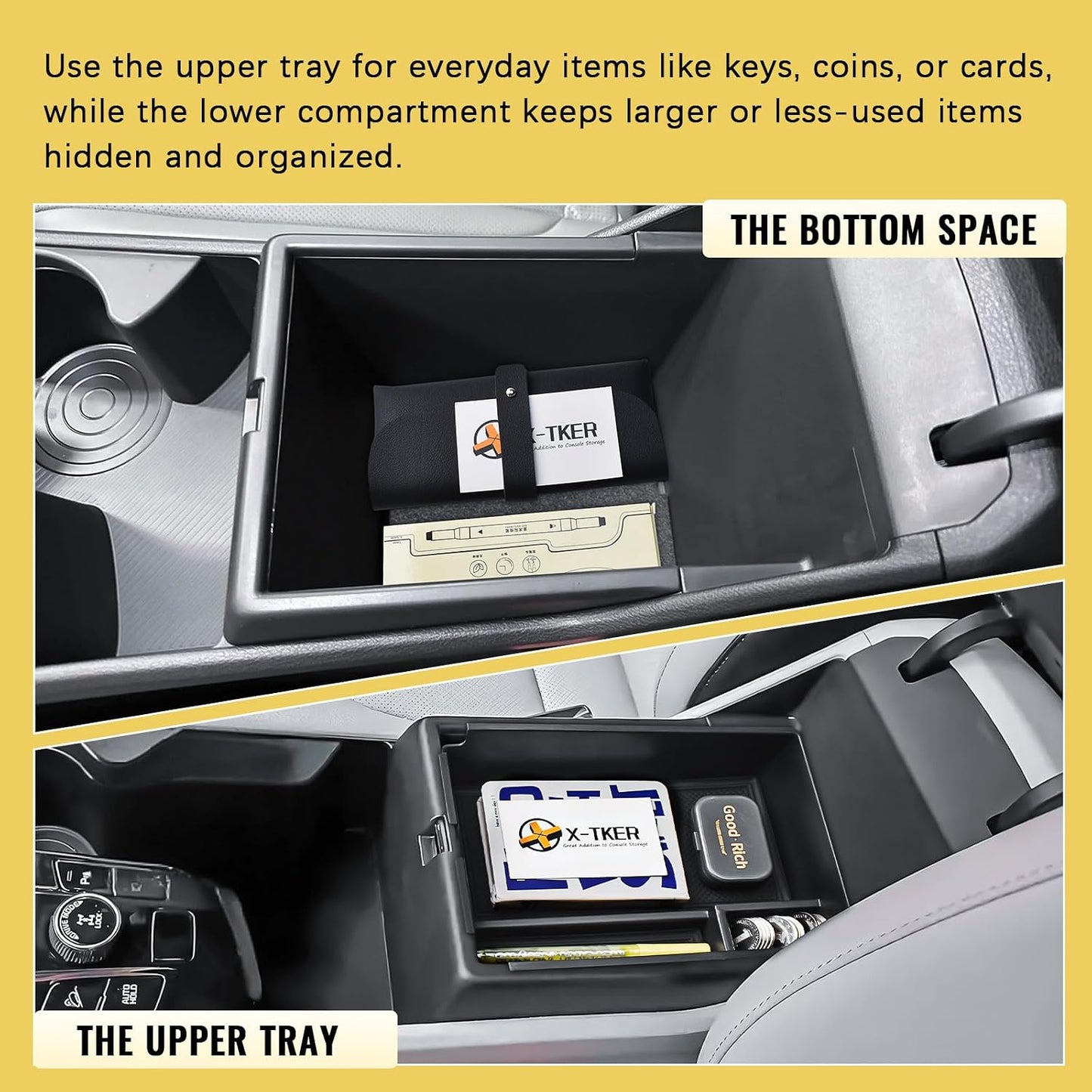2PCS Center Console Organizer & Armrest Storage Box Compatible with 2023-2025 2026 Kia Sportage Hybrid/Plug-in Hybrid Accessories (with Rotary Type Transmission ONLY), ABS Middle Console Insert Tray