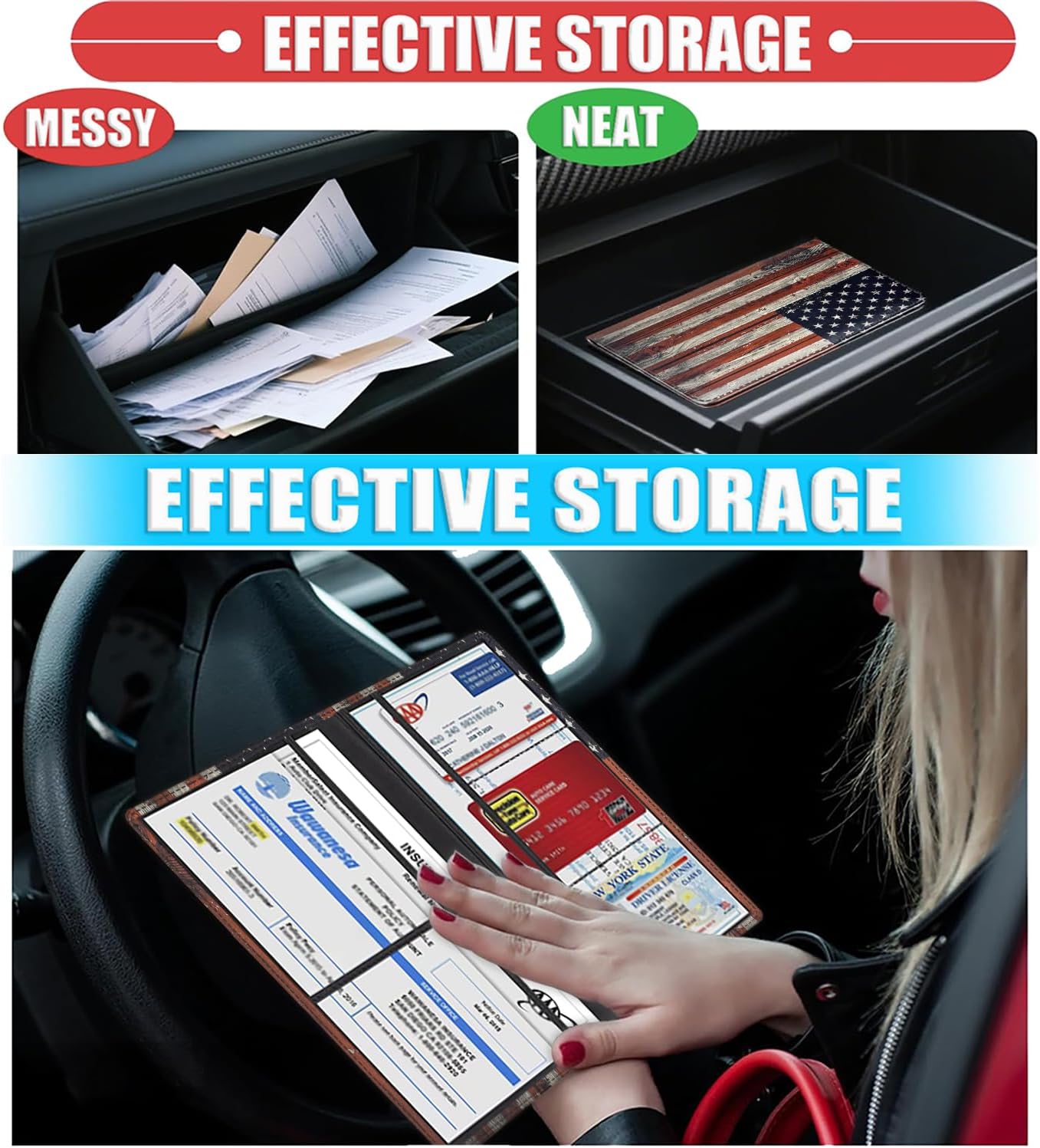 Car Document Holder with Magnetic Shut, PU Leather Car Registration & Insurance Card Holder for Driver License, Cards & Essential Documents, Vehicle Glove Box Organizer, American Flag Pattern
