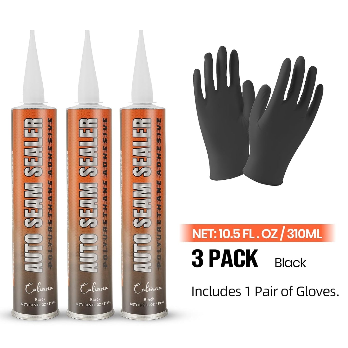 (3-Pack) Calvana Professional Automotive Seam Sealer, Polyurethane Sealant for Metal Surfaces of Cars, Trucks, and RVs, Includes 1 Pair of Gloves and Tip, Quick-Drying, Paintable, Black