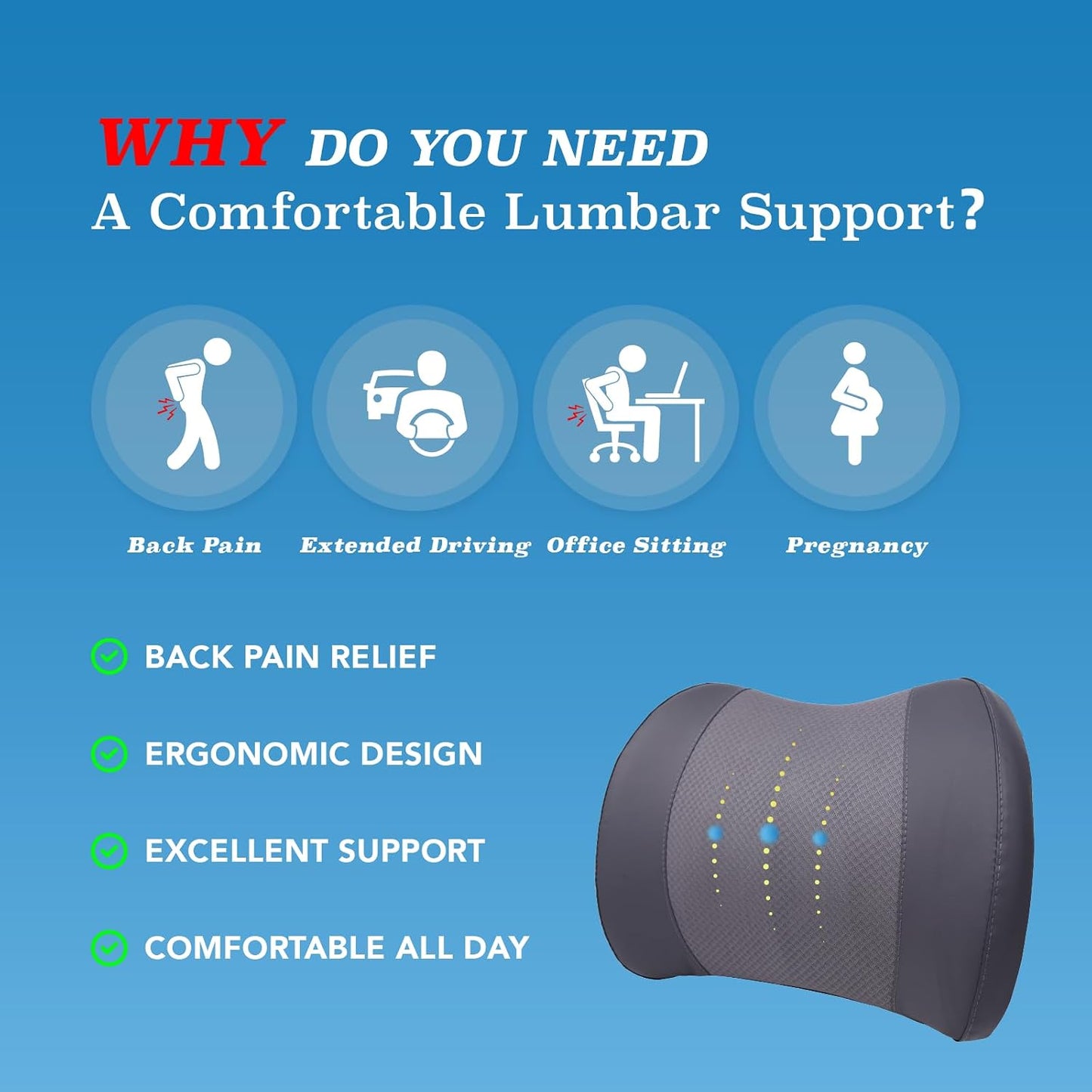 Lofty Aim Lumbar Support Pillow for Car, Car Seat Back Support for Driving | Memory Foam Car Lumbar Support for Driving Seat, Car Back Cushion, Adjustable Straps, Lower Back Pillow, Dark Grey