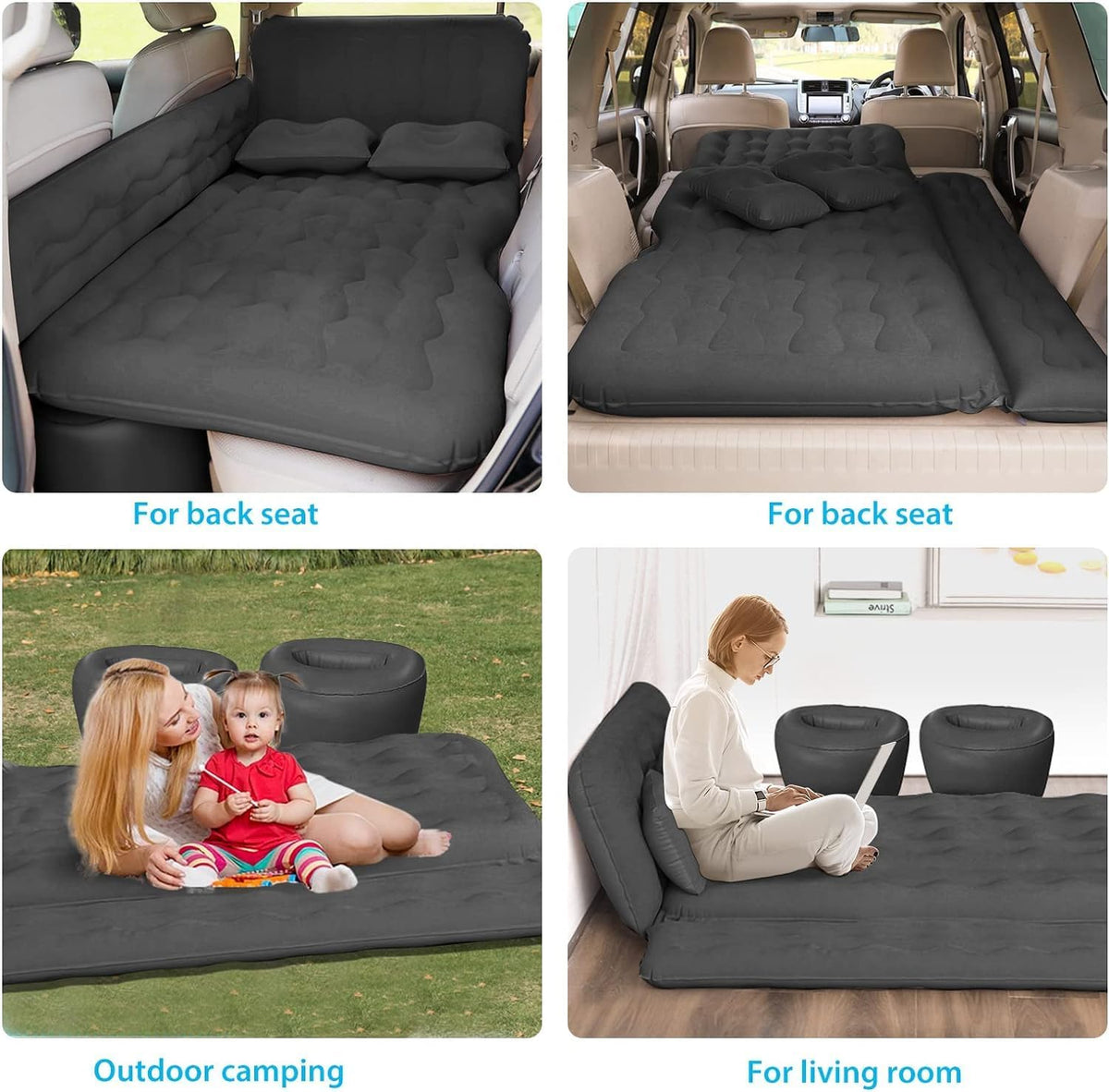 Car Bed SUV Air Mattress, Car Air Mattress with Electric Pump, 2 Inflatable Pillows and 2 Footrests for Back Seat, Side Seat,Trunk Sleeping, Thickened Camping Bed - Black