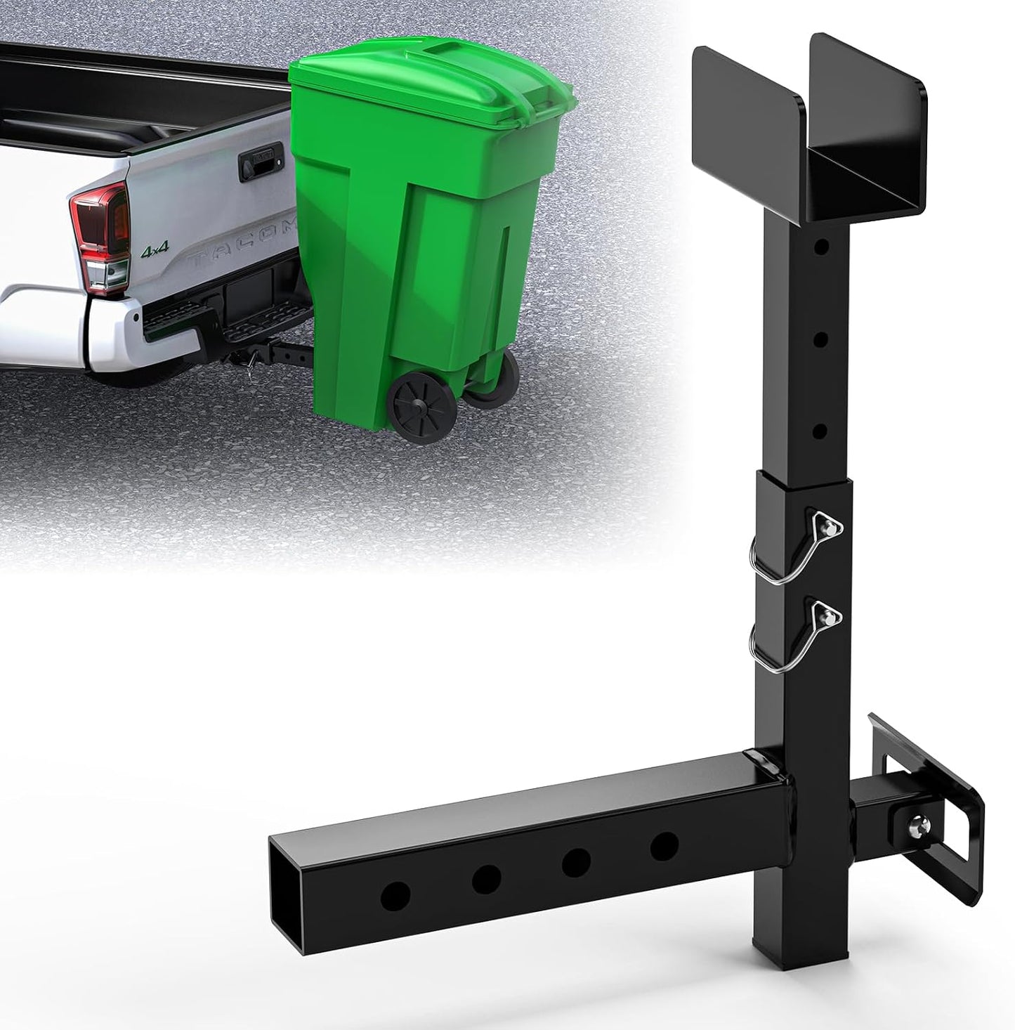 Newly Upgraded Adjustable Trash Can Hauler Hitch for 2" Receiver, Black Garbage Can Hauler Hitch for Car, Truck, SUV, UTV, ATV, Tractor, Trailer & Golf Cart, Single Can Carrier Trash Bin Hauler Hitch