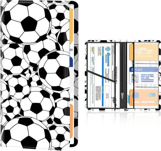 Premium Leather Car Registration and Insurance Card Holder with Magnetic Shut, Cute Vehicle License Document Glove Box Compartment Organizer Cool Car Accessories Black White Soccer Ball