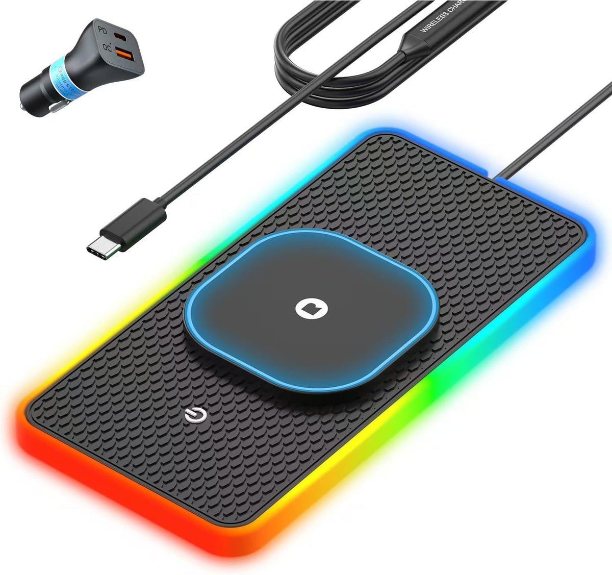 RGB Wireless Car Charging Pad for Magsafe, REESTECQI 15W LED Magnetic Wireless Charger for Car Non Slip Type C Charging Mat with 40W Car Charger Compatible with iPhone Duo, 18-12, Airpods (30CM)