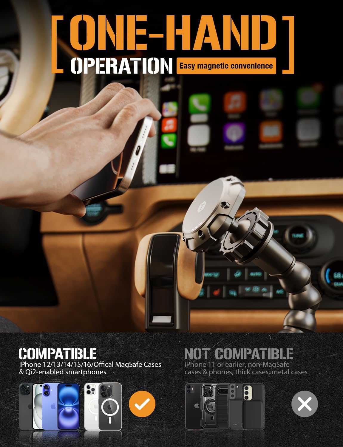 ToughTested MagTough Python Cup Holder Phone Mount for Car, MagSafe, 360°