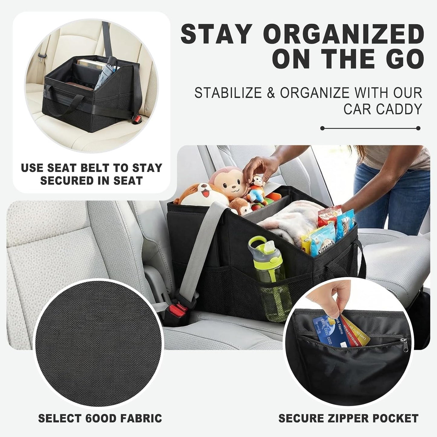 Car Seat Organizer Caddy, Collapsible Front Backseat Car Organizer & Floor Storage with Dividers, Mesh Pockets, Belt & 4 Cup Holders for Kids and Travel Accessories